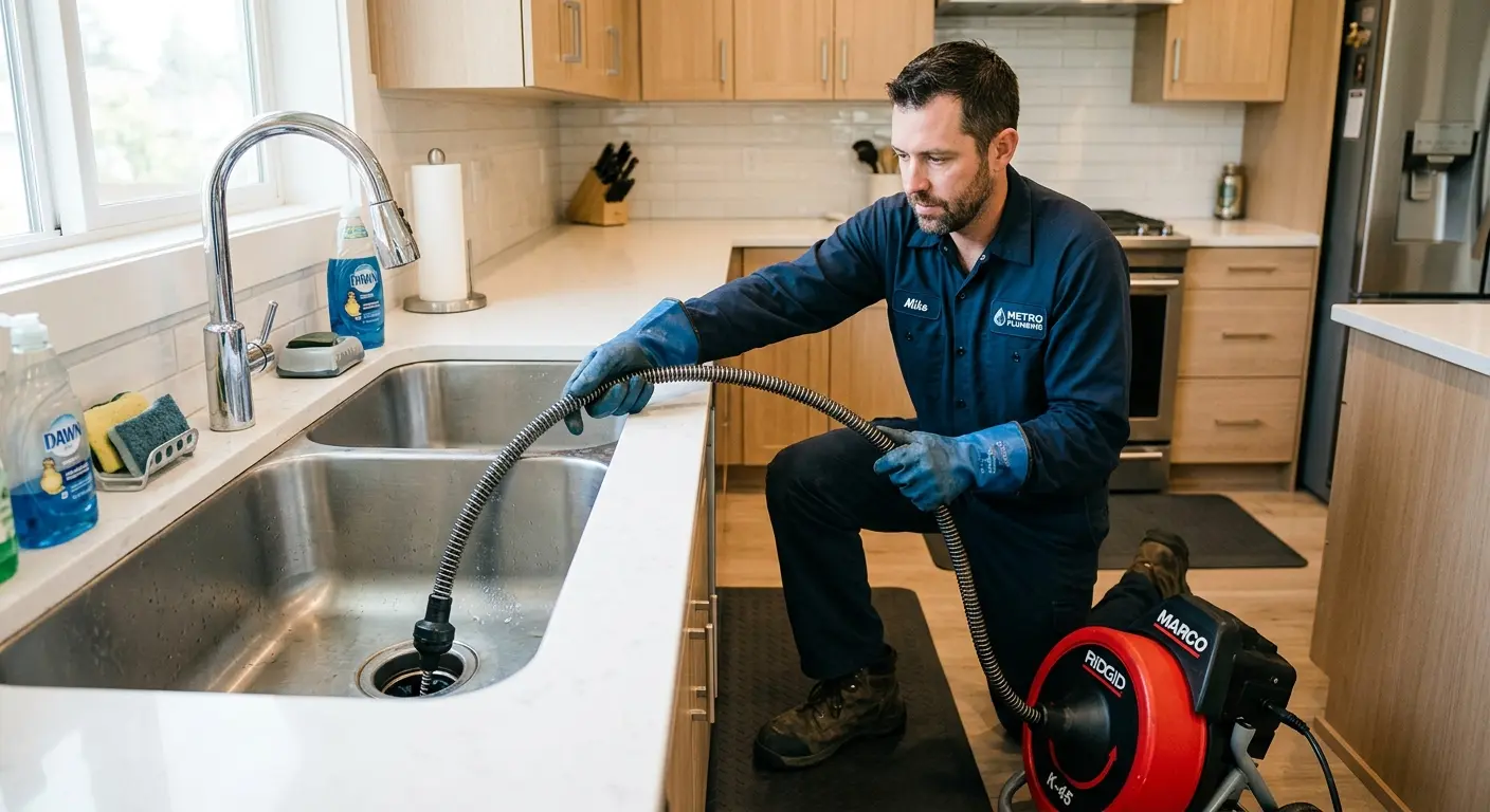 Drain cleaning technician using a motorized snake on a kitchen sink in Malvern
