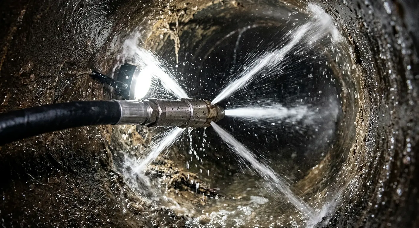 High-pressure hydro jetting nozzle cleaning sewer pipe for Sewer Cleanout in Malvern