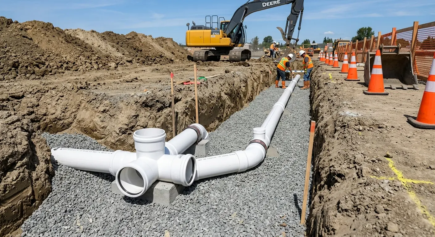 New PVC sewer pipe installation in open trench for Sewer Backup in Malvern