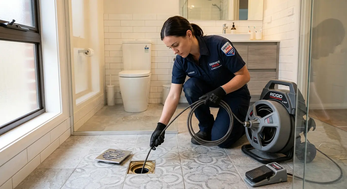 Technician clearing a bathroom floor drain for Sewer Line Replacement in Malvern
